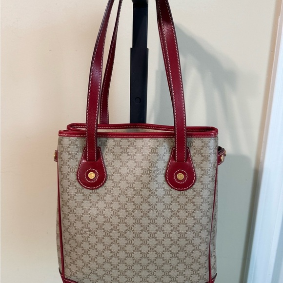 Celine Tan and Red Leather Trim Tote Bag - Picture 1 of 15
